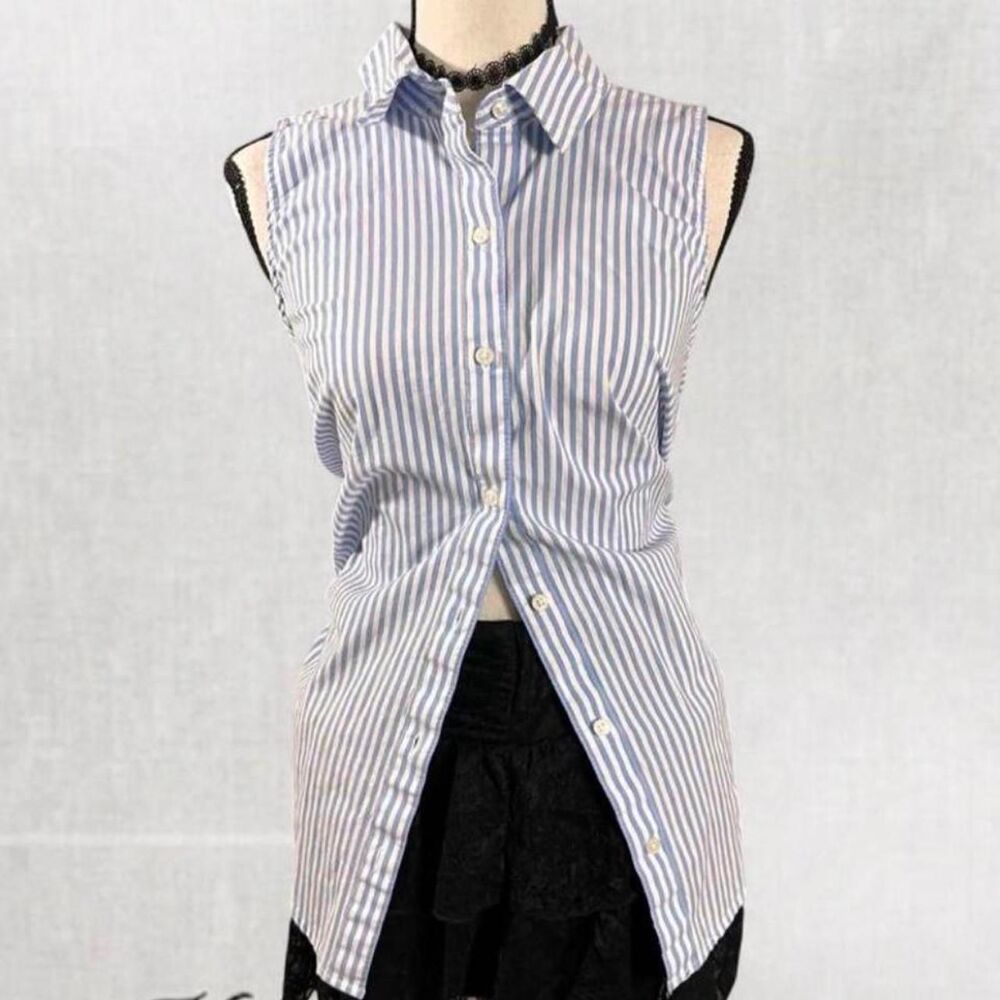 Preppy Office Collared Pinstripe Chic Sleeveless Button Up Top